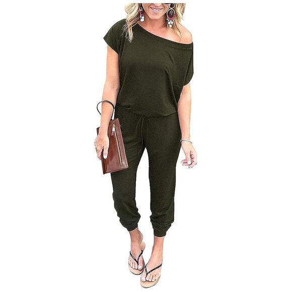 Women's Loose Solid Off Shoulder Elastic Waist Stretchy Green - Picture 6 of 6